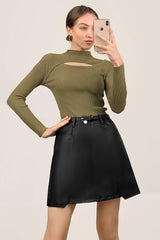 Olive Mock Neck Front Cut Out Ribbed Knit Sweater