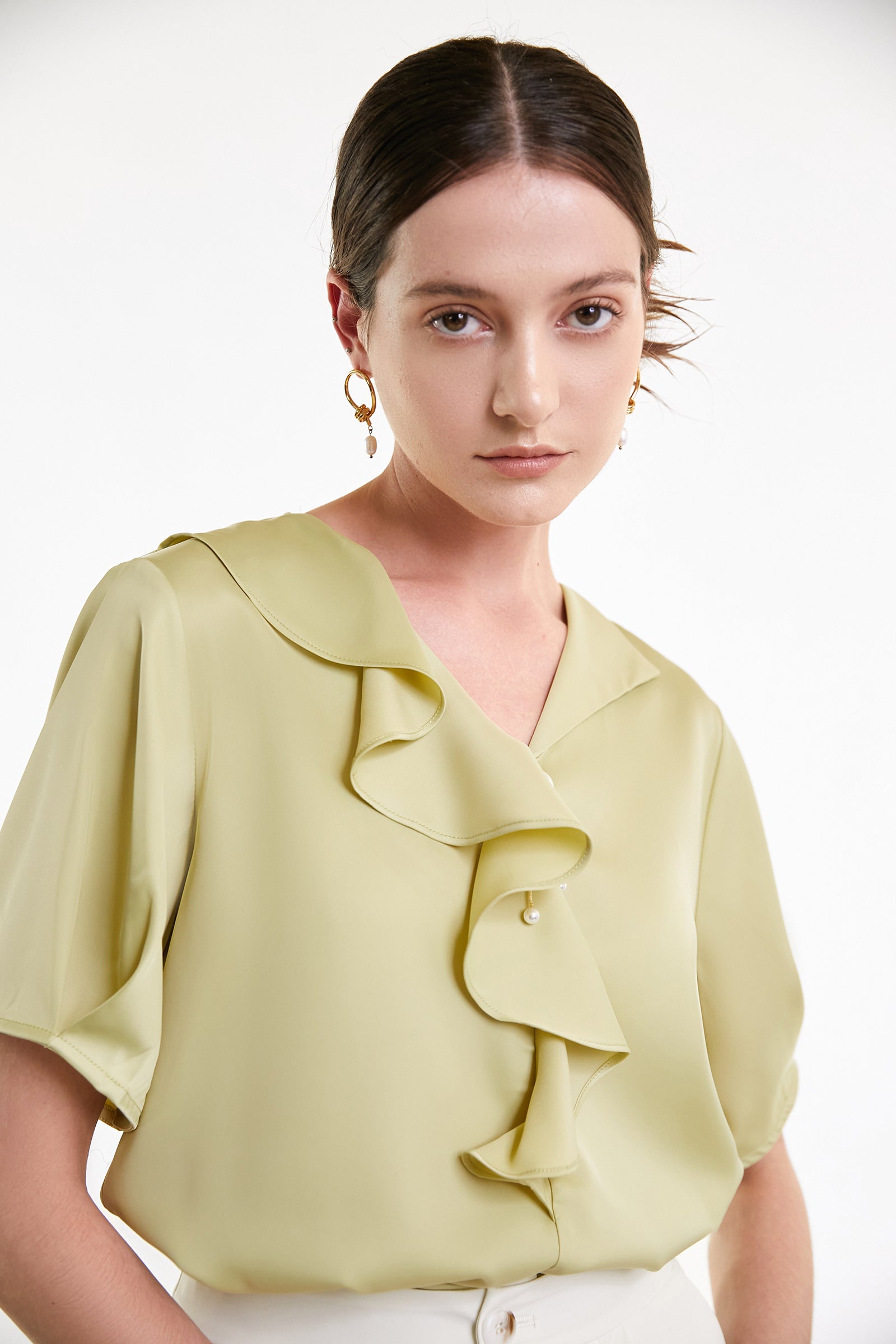 Yellow Green Flounce-Trimmed Short Sleeve Blouse