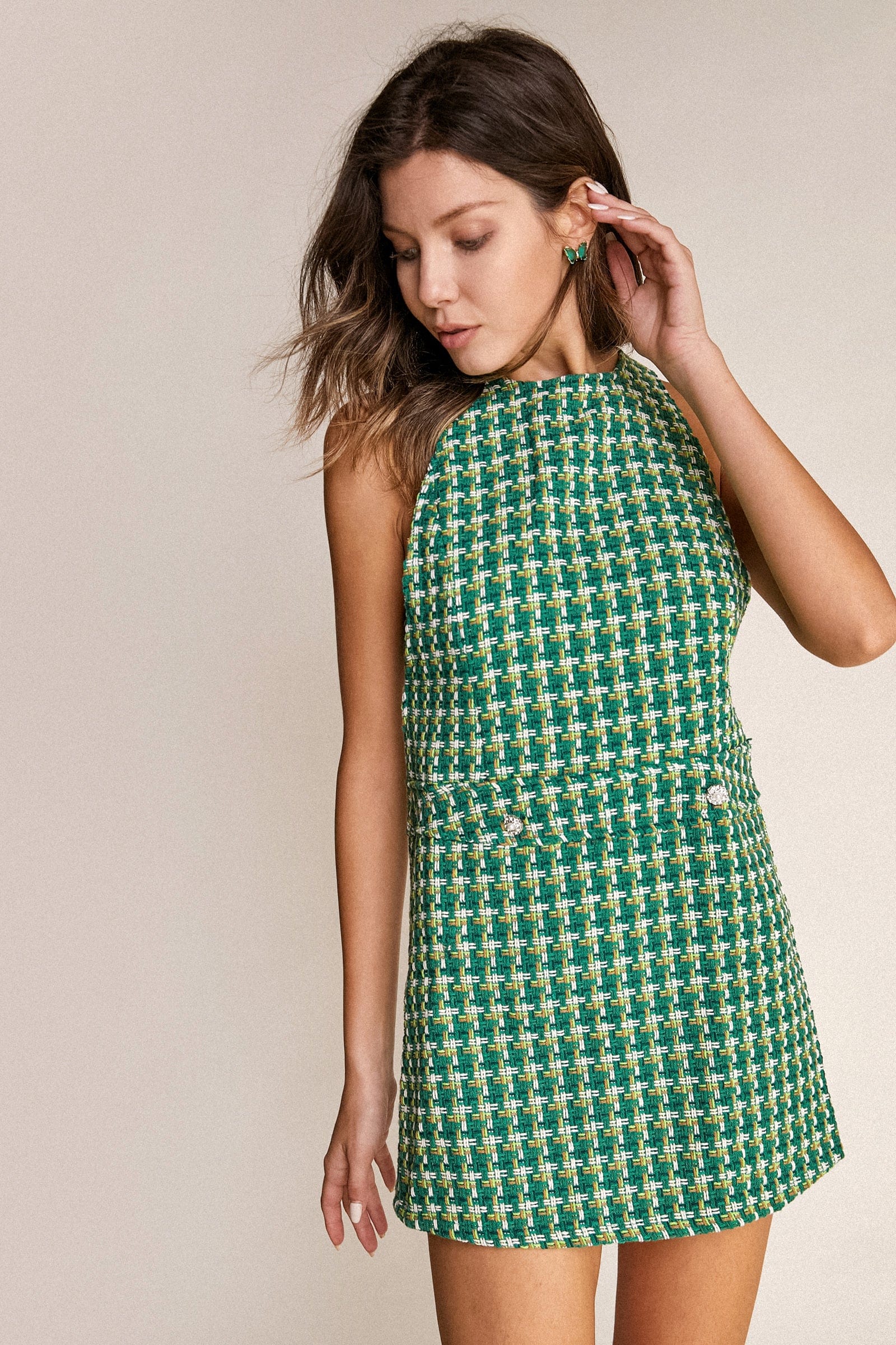 Green Sleeveless Button Detail Tweed Mini Dress