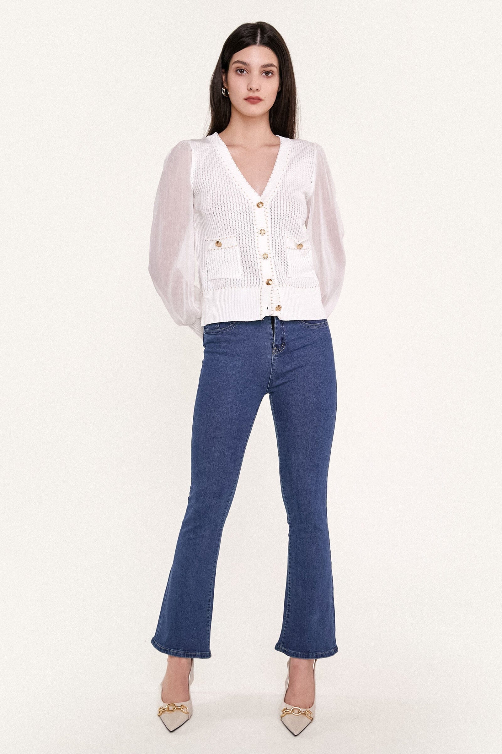 White Sheer Long Sleeve Pointelle-Knit Cardigan With Gold Buttons