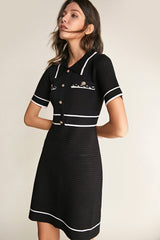 Black Contrast Trim Collared Knitted Mini Dress