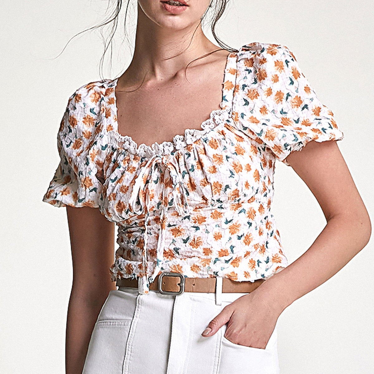 Peru Textured Floral Print Tie Detail Lace Trim Cropped Blouse