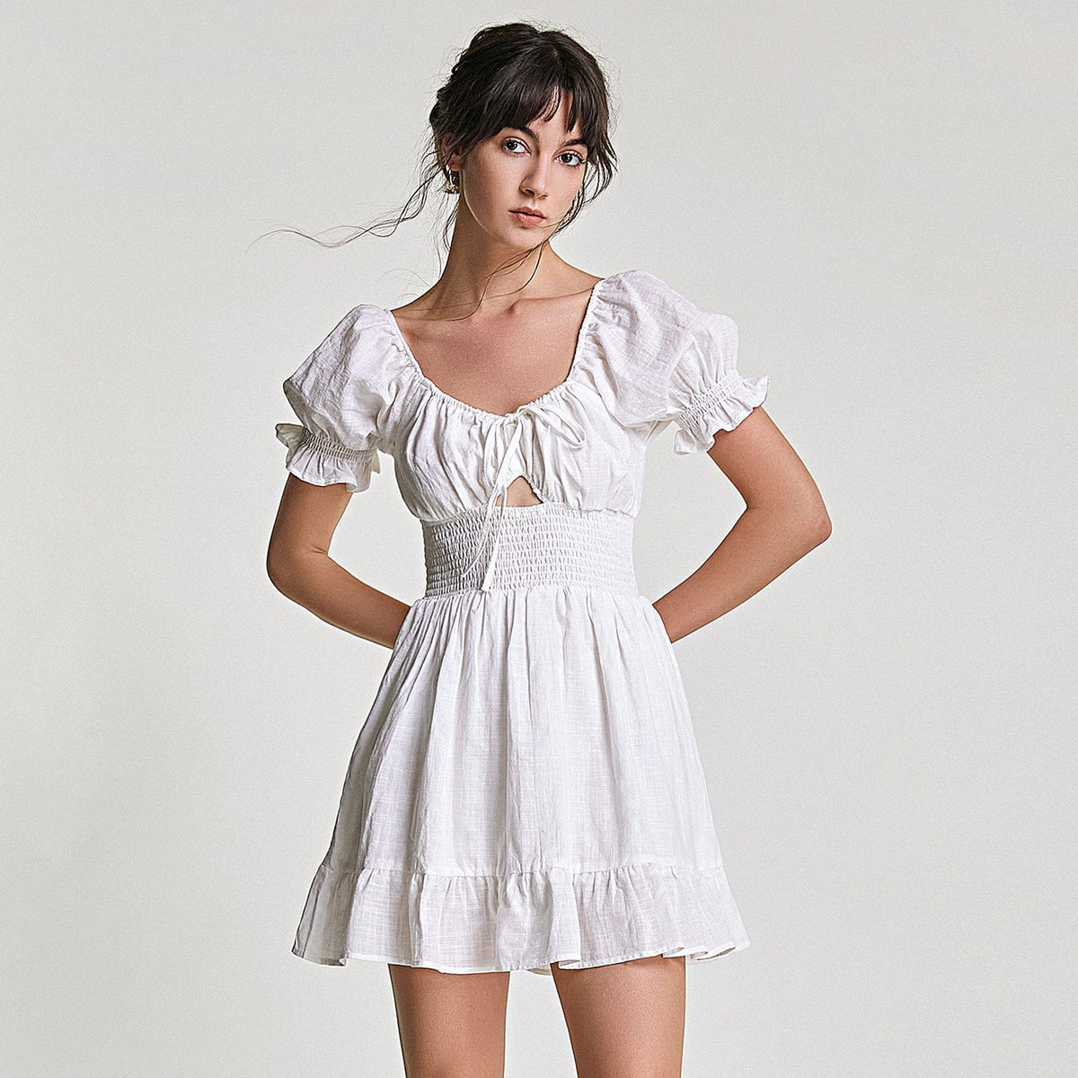 White Deep V-Neck Underbust Cut Out Smocked Waist Mini Dress
