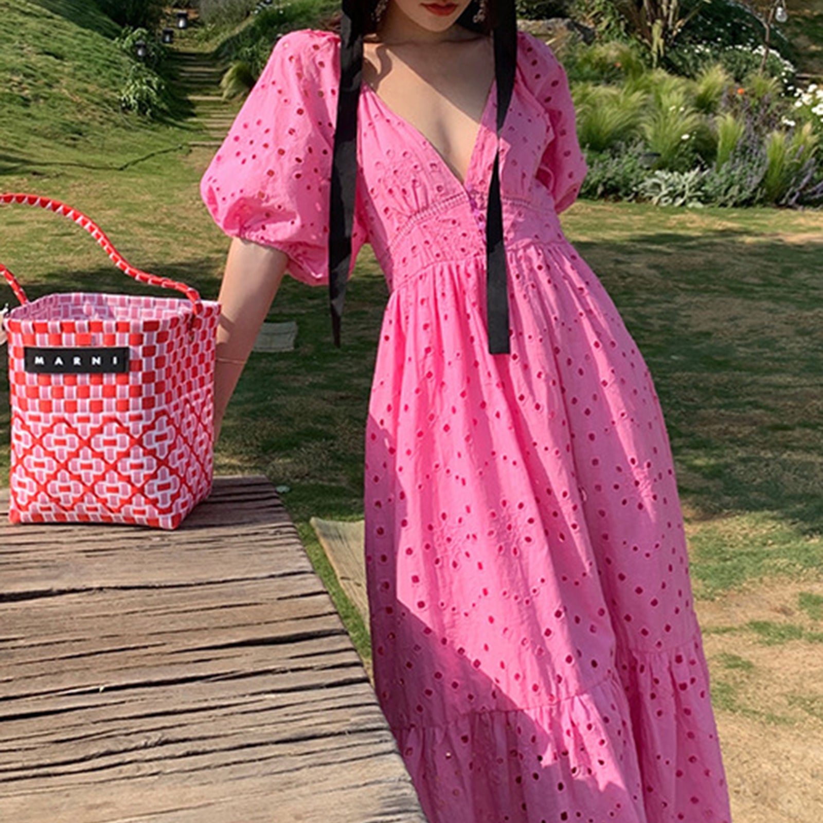 Hot Pink V Neck Balloon Sleeve Eyelet Maxi Dress