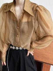 Puff Sleeve Long Sleeve Shirt Caramel Color