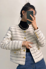 White Striped Tweed Jacket With Gold Buttons