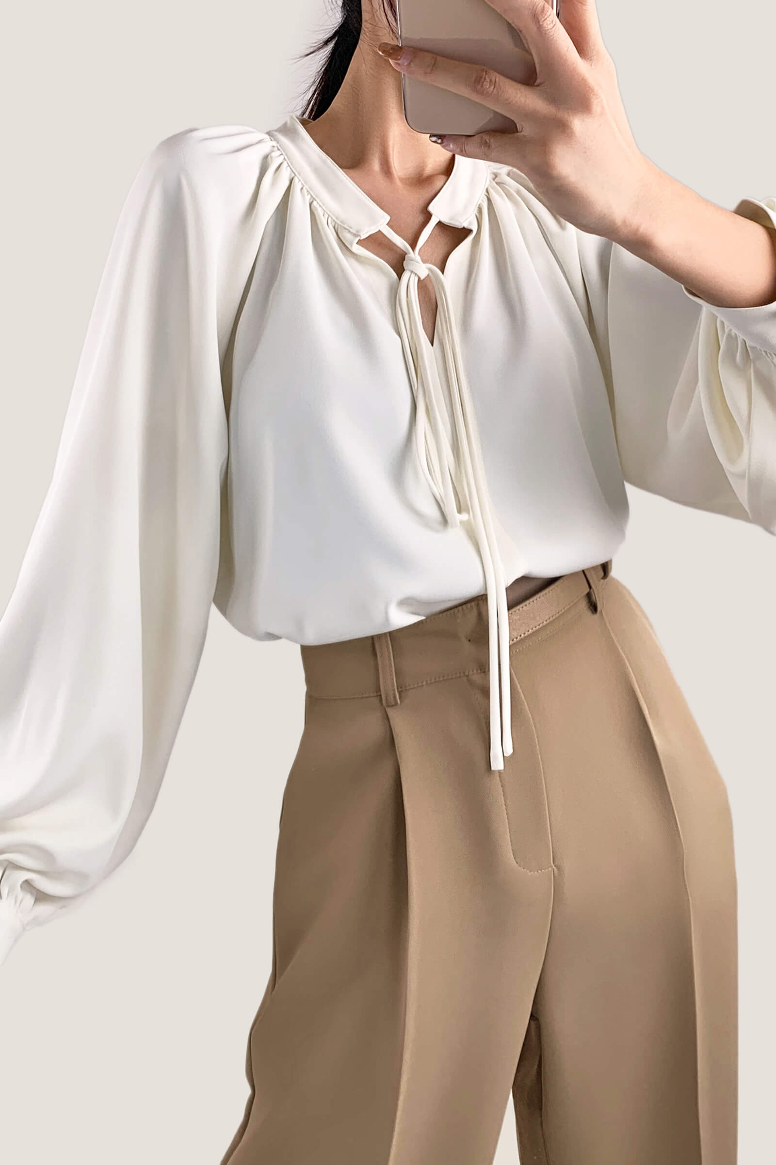 Ivory Tie Neck Balloon Sleeve Gathered Detail Blouse