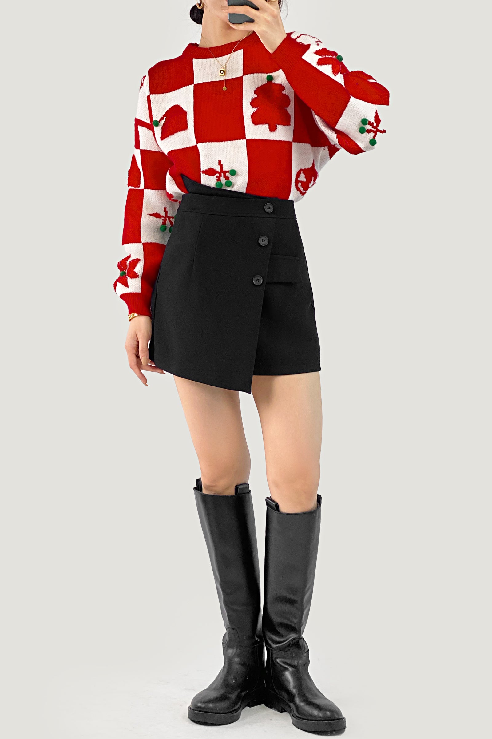 Red Cherry Prints Crew Neck Checkerboard Christmas