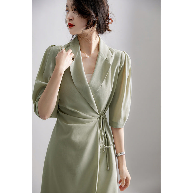 Green Khaki Wrap Front Tie Side Blazer Dress