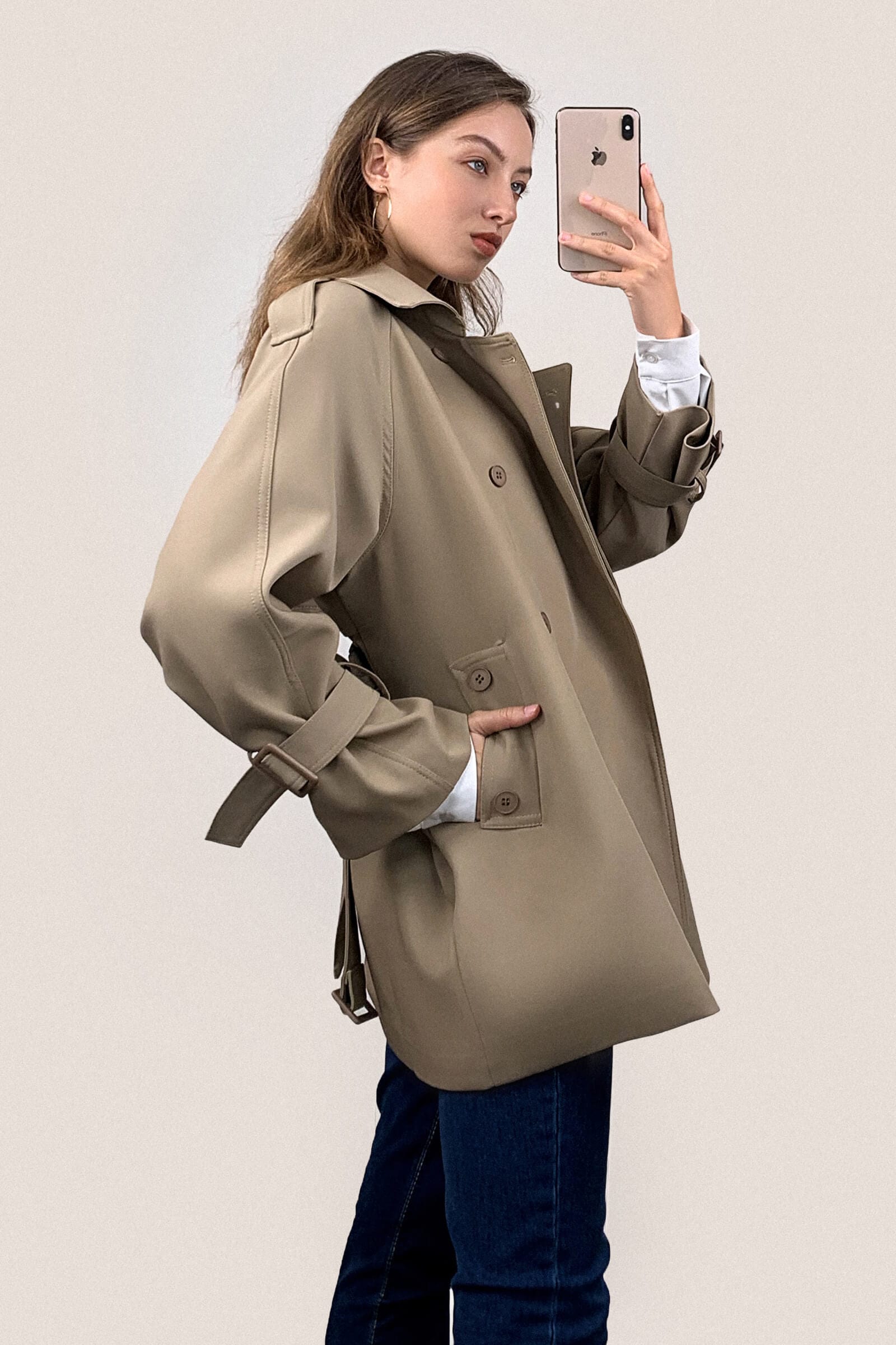 Khaki Double-Breasted Belted Short Trench Coat