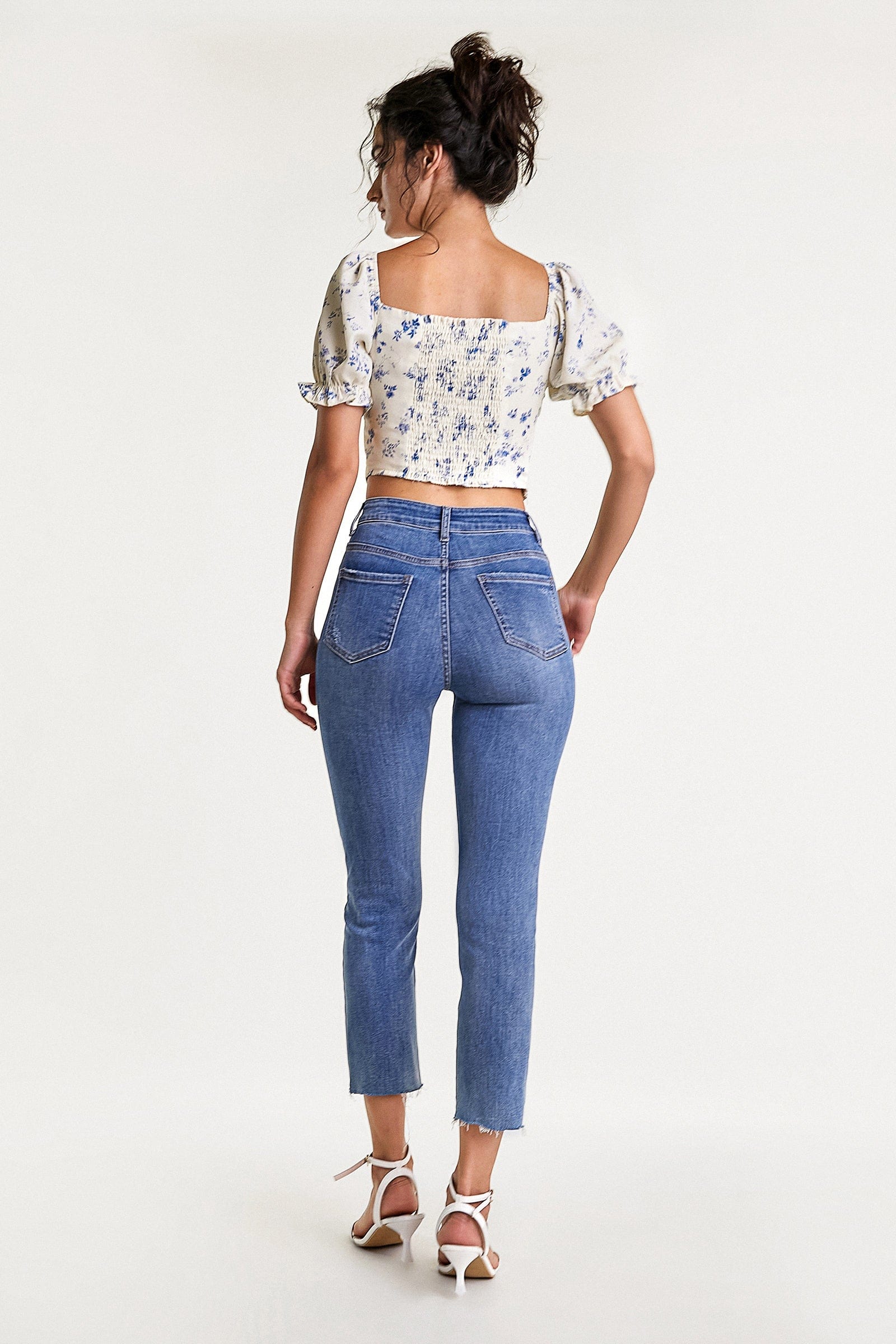 Ivory Floral Print Square Neck Cropped Blouse
