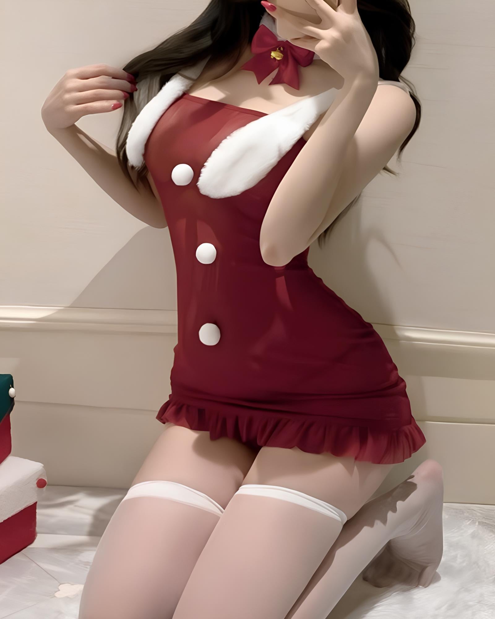 Christmas Bunny Girl Plush See-Through Mesh Patchwork Strapless Lingerie Nightgown with Headband