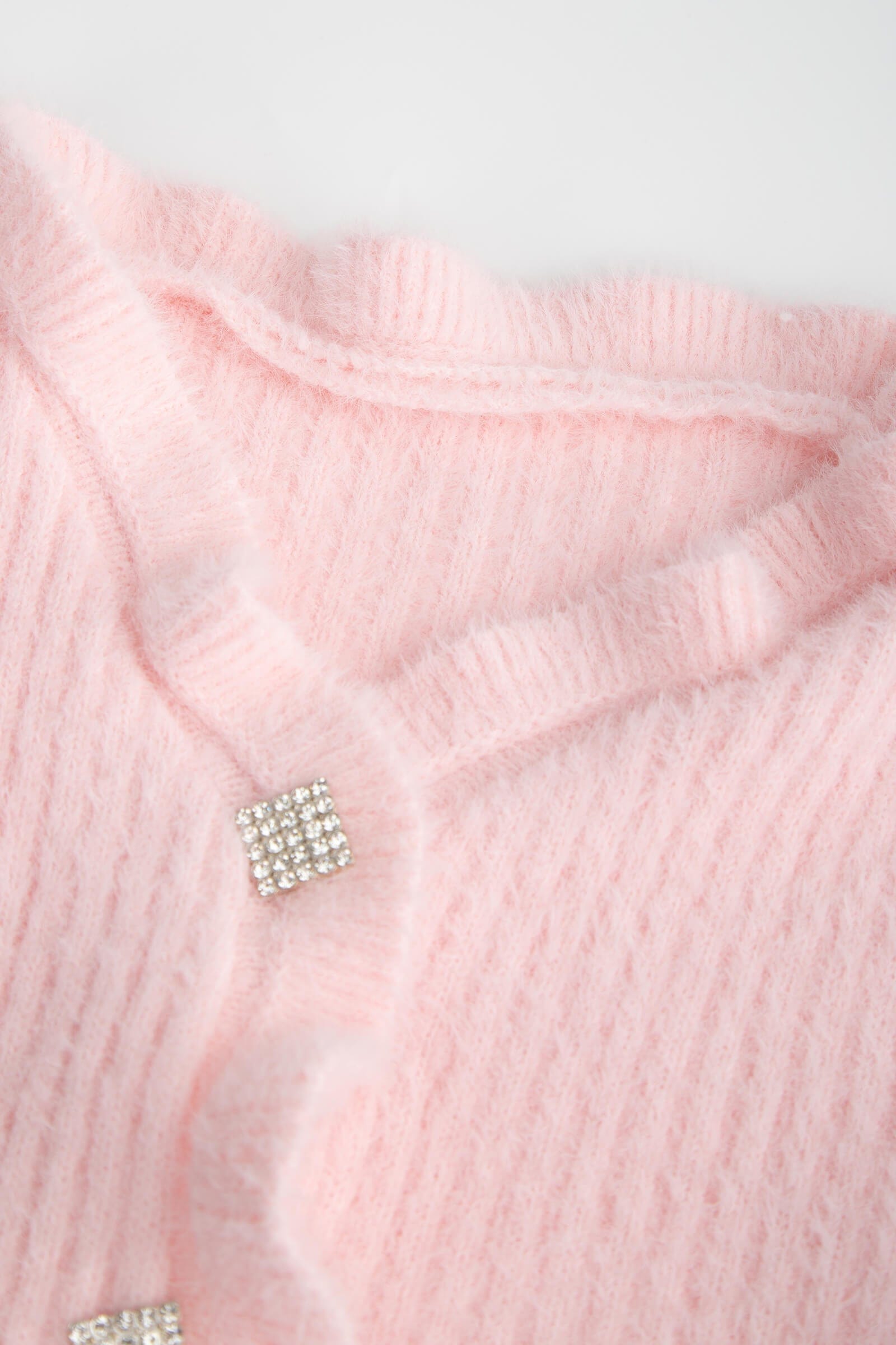 Pink Ruffle Trim Ribbed Knit Fitted Cardigan