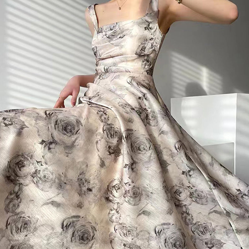 Square Neck Slip Beige A-Swing Print Midi Dress