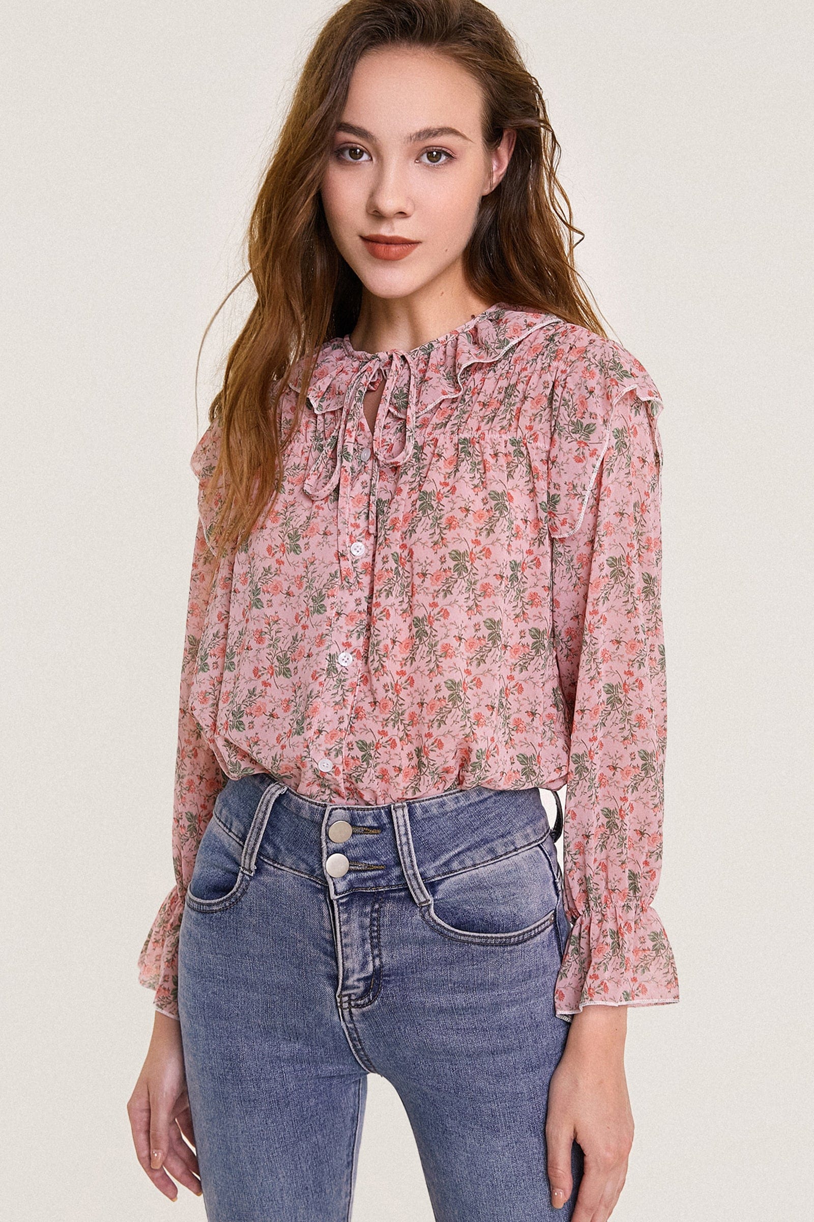 Pink Floral Print Tie Detail Ruffled Chiffon Blouse