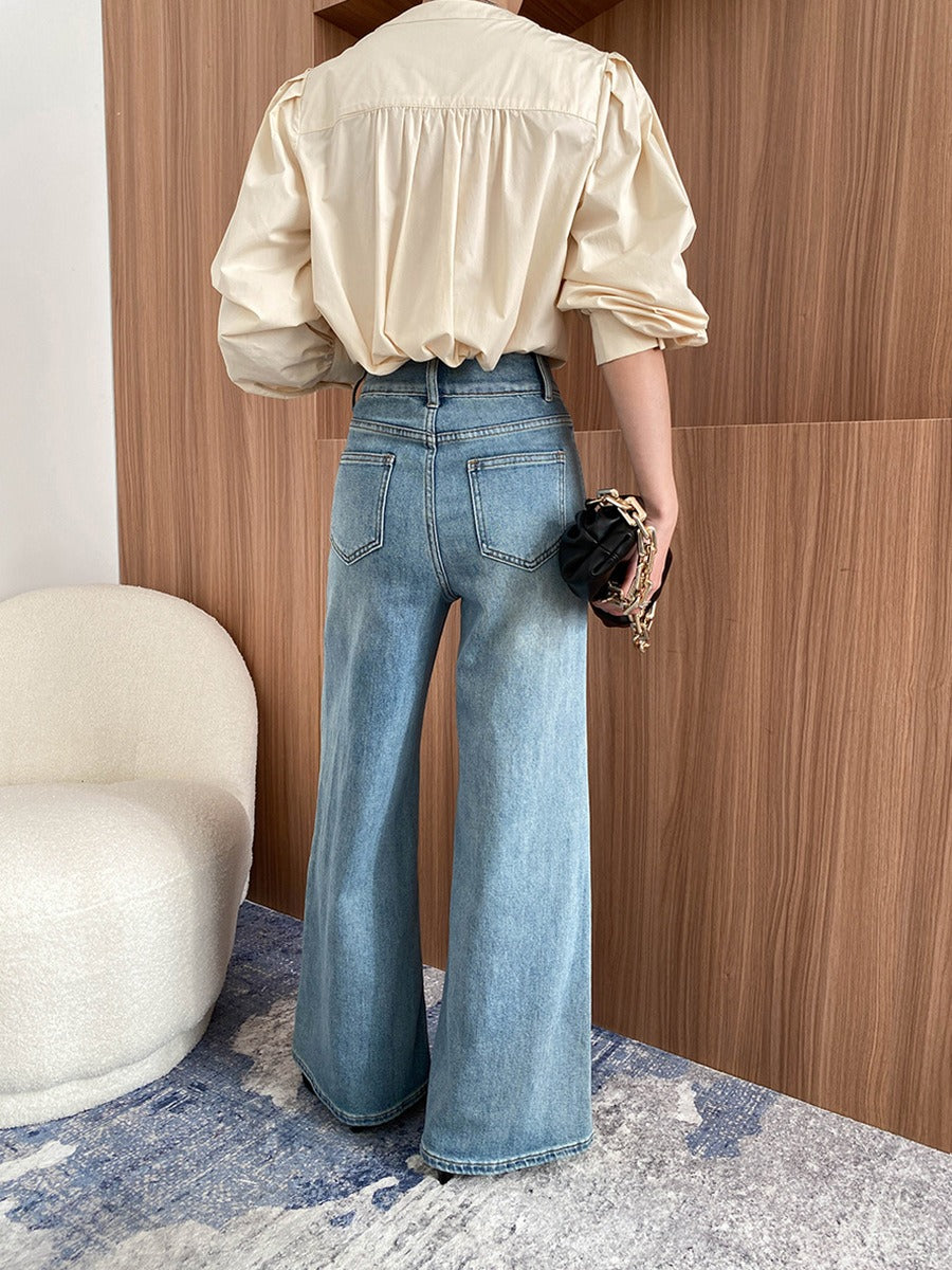 French Retro Round Neck Pleated Loose Long-Sleeved Shirt