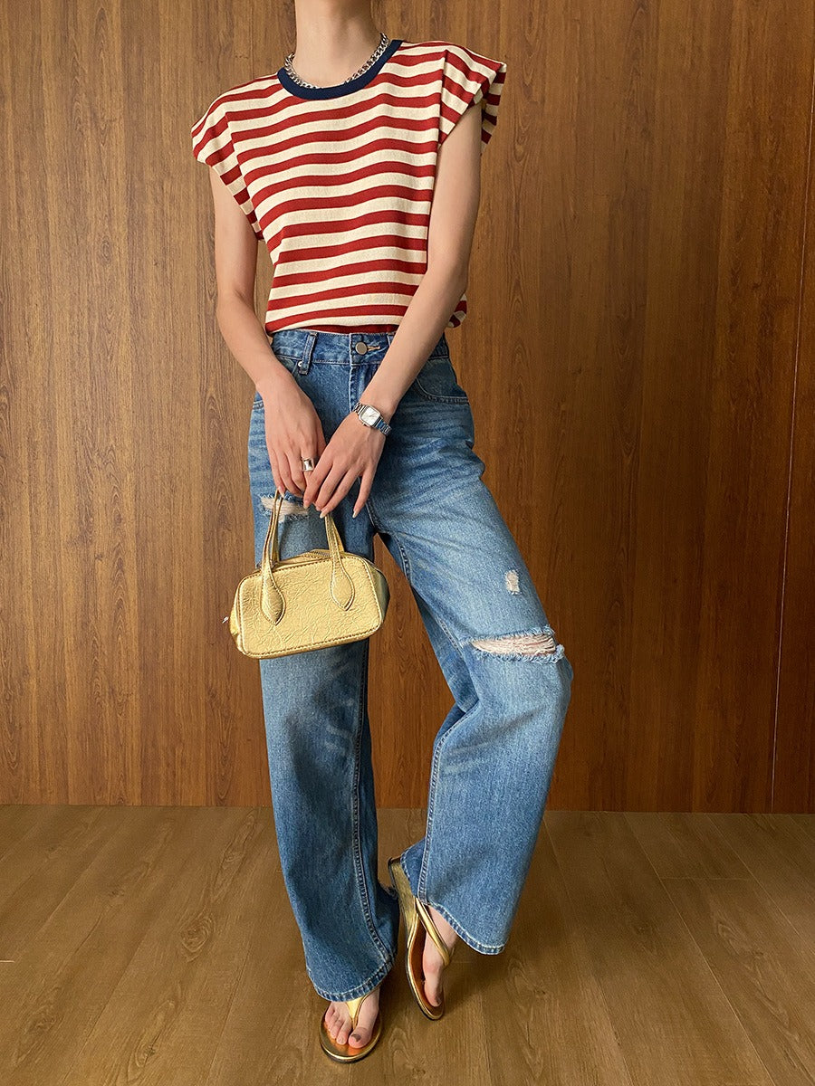 French Layered Striped Small Fly Sleeve Crew Neck Knitted Sweater T-Shirt