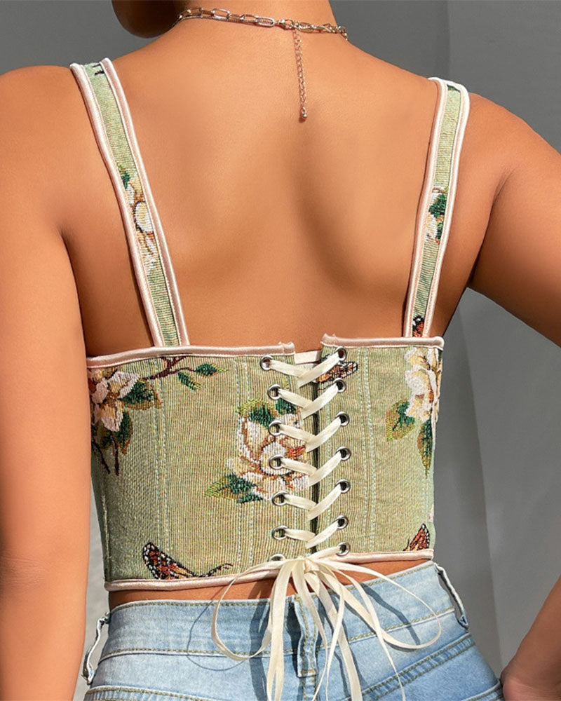 French Style Bow Lace-Up Floral Body Shaper Women's Sling Printed Slim-Fit Vest Corset