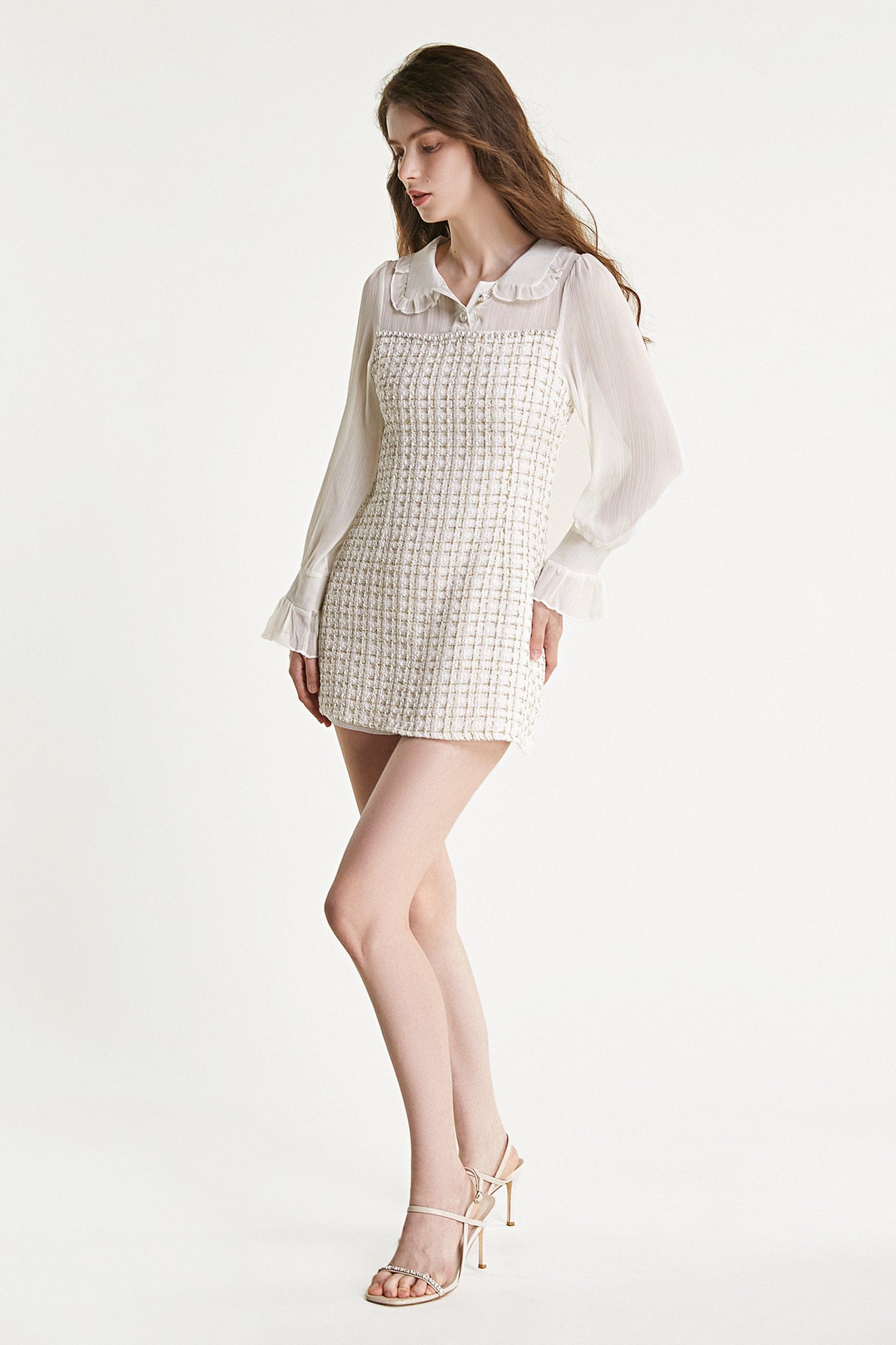 White Mesh Yoke Tweed Mini Dress