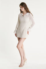 White Mesh Yoke Tweed Mini Dress