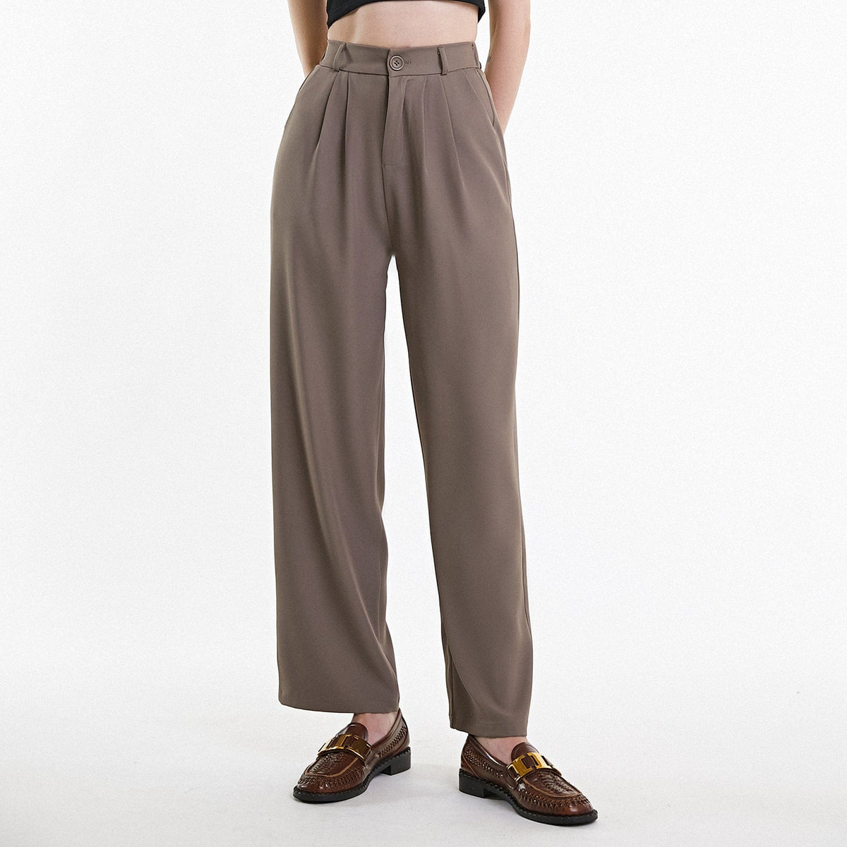 Tan Half Elastic Pleat Detail Wide Leg Suit Pants