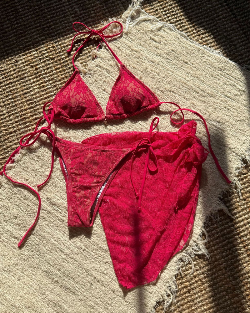 Lace Composite Fabric Mesh Bikini Set with Cover-Up Skirt