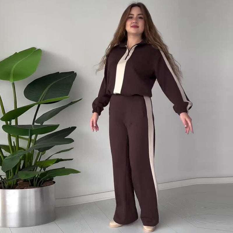 Zipper Lapel Tops & Pants 2-Piece Set