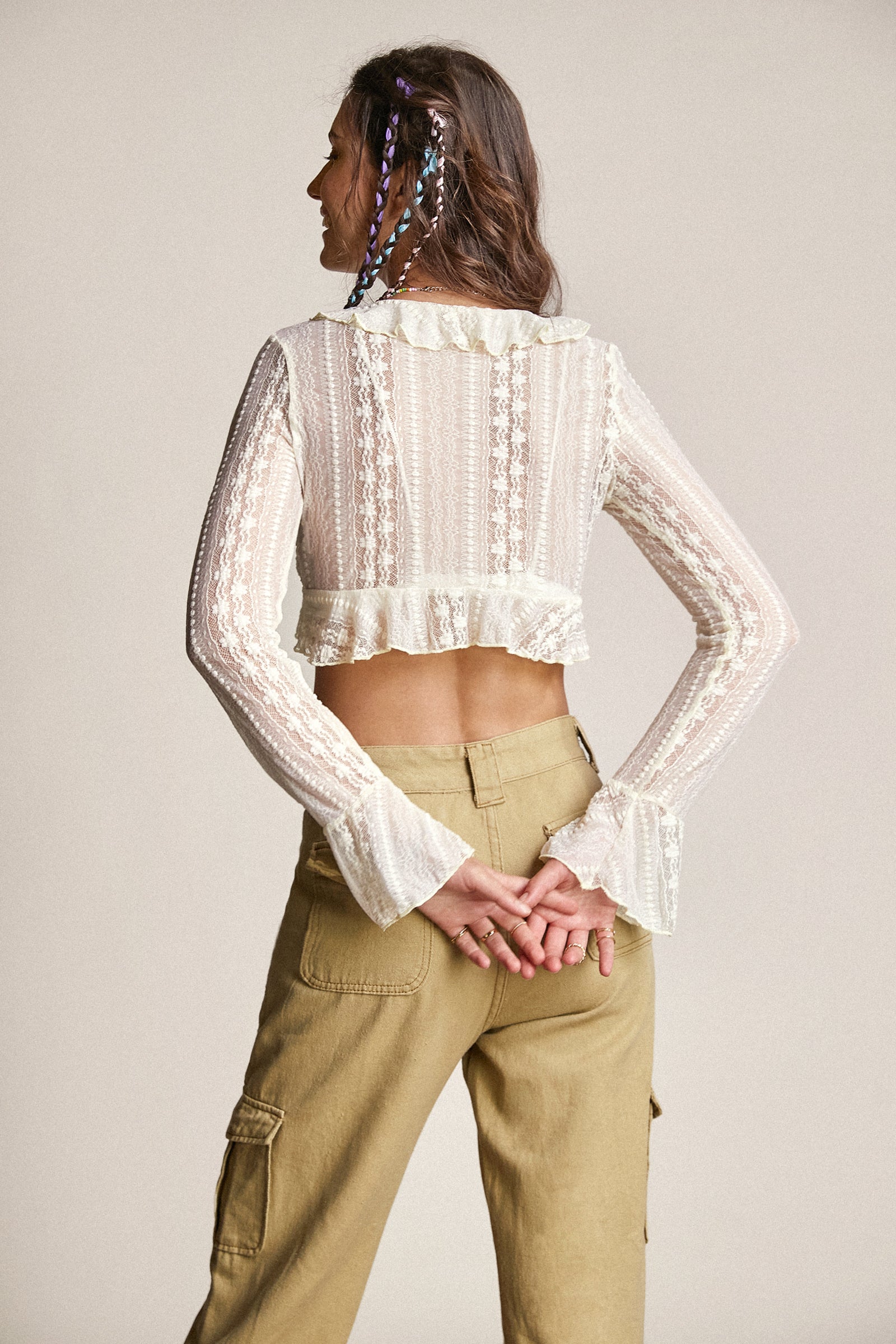 Ivory Lace Ruffled Tie Front Bell Sleeve Copped Blouse