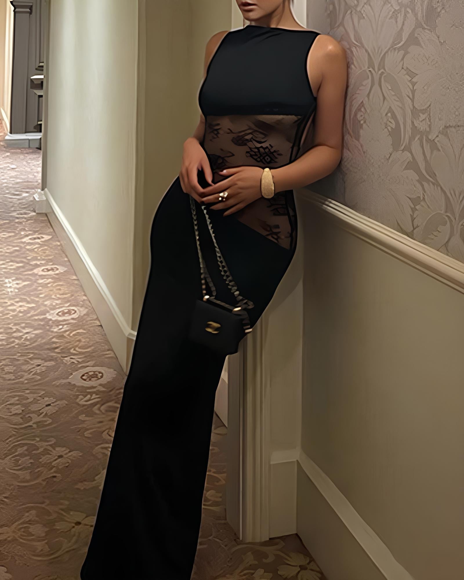 Figure-hugging Spliced Lace Sleeveless Backless Long Dress