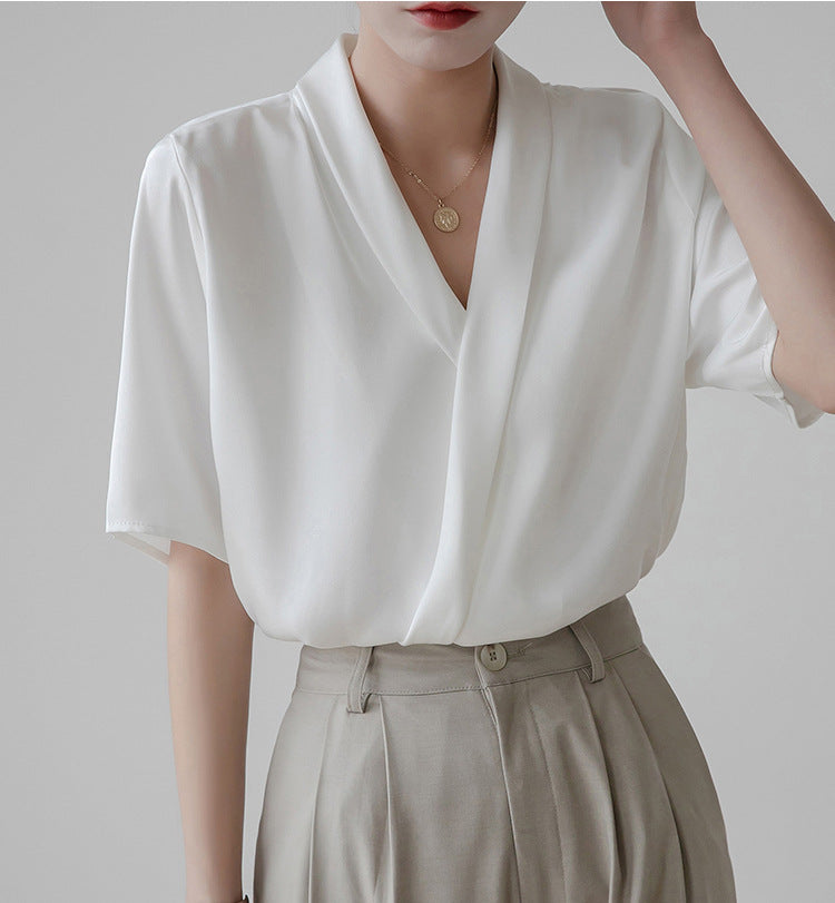 Light Steel Surplice Neck Ruched White Blouse