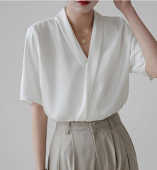 Light Steel Surplice Neck Ruched White Blouse