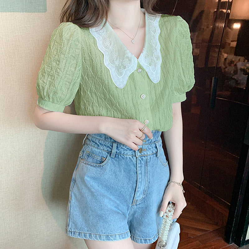 Wellesley Lace Vintage Neck Green Blouse