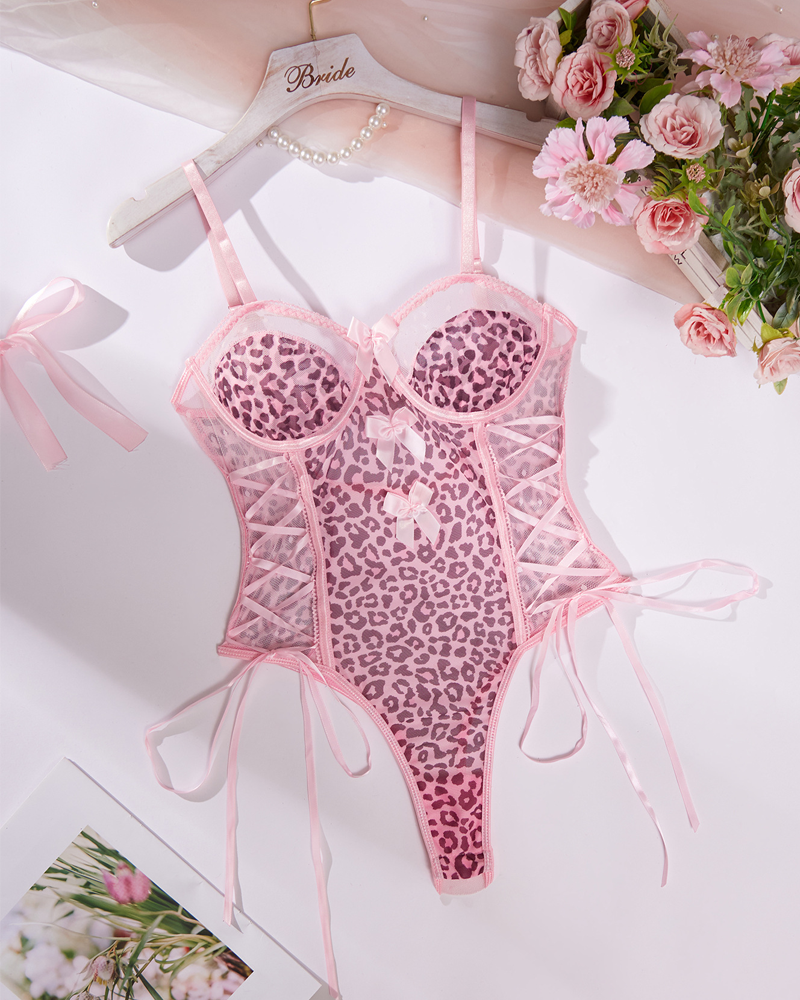 Sheer Leopard Print Bow Accent Spaghetti Strap Bodysuit