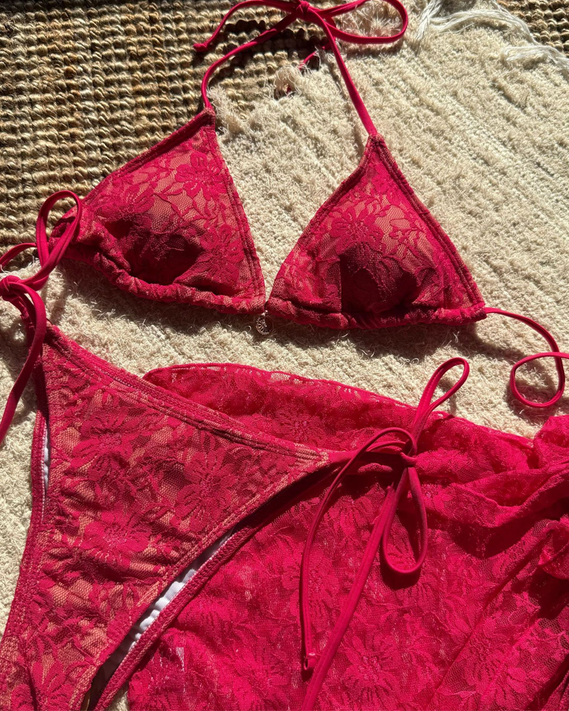 Lace Composite Fabric Mesh Bikini Set with Cover-Up Skirt