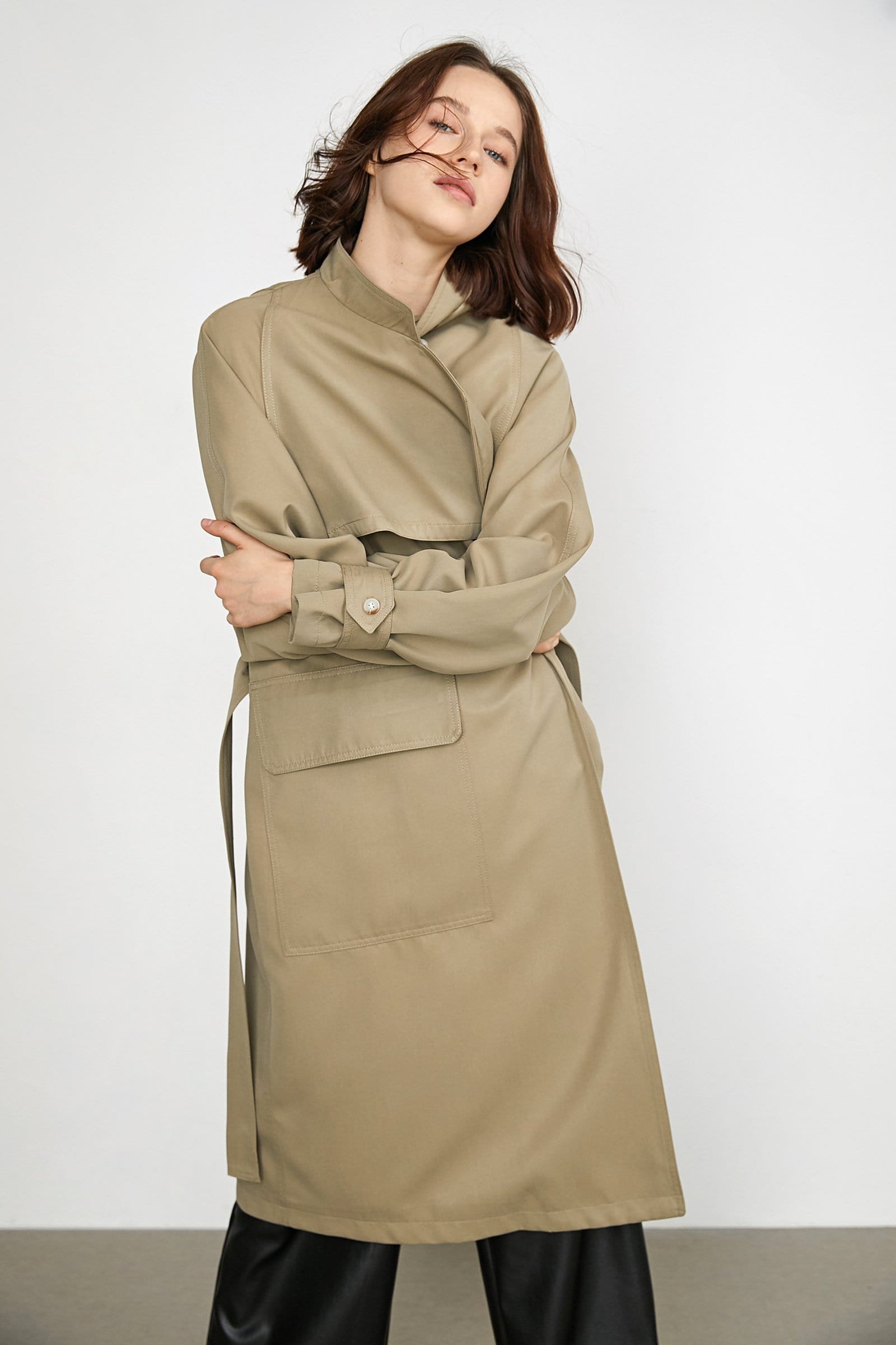 Elfrieda Tan Waterfall Collar Trench Coat