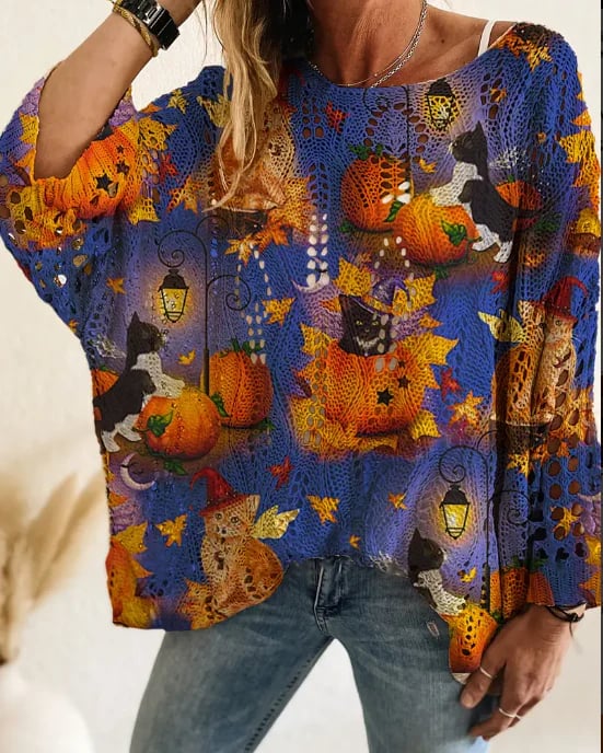 Halloween Pumpkin Print Long Sleeve Knit Top