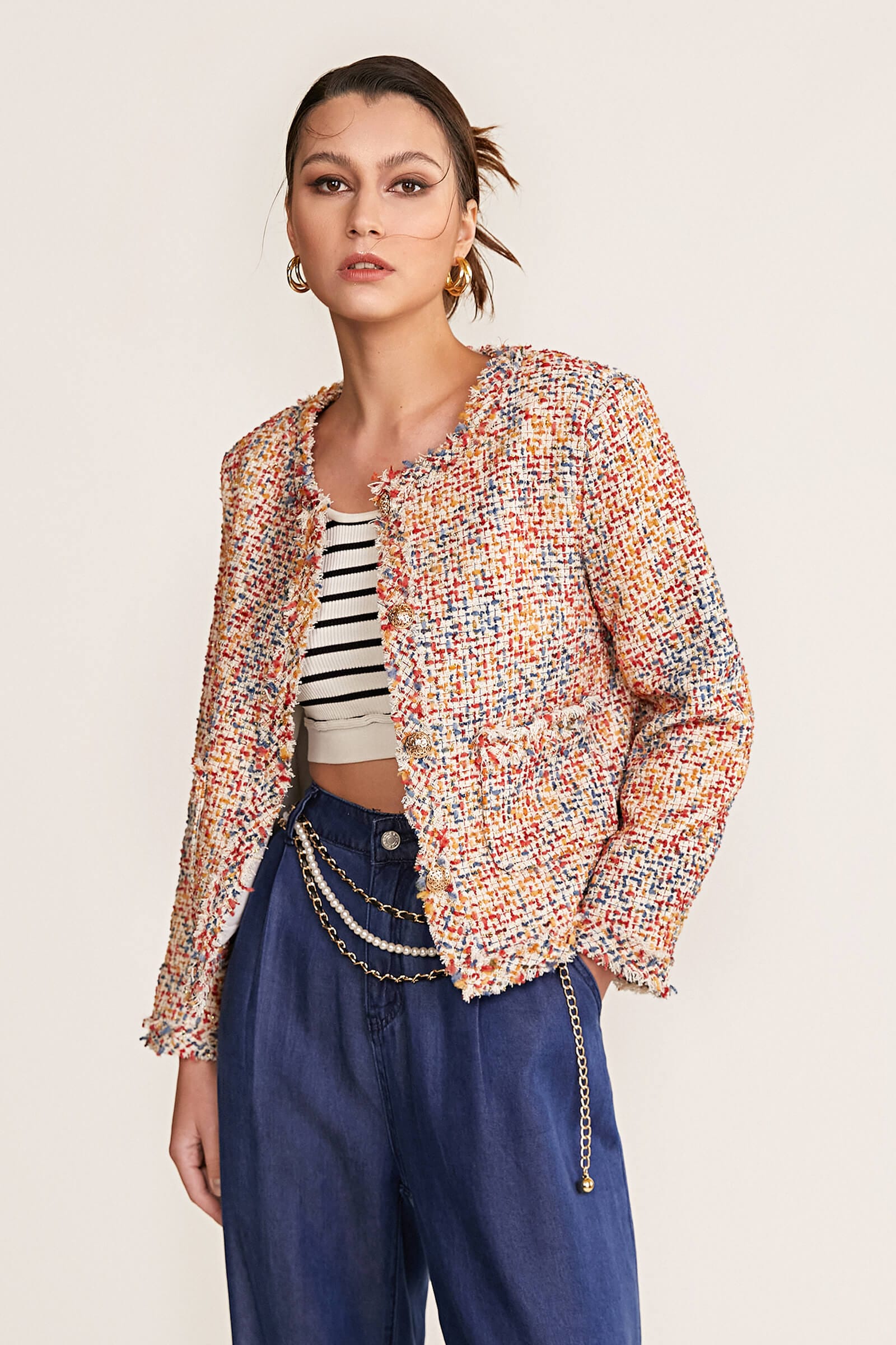 Multicolor Frayed Trim Button-Up Tweed Jacket