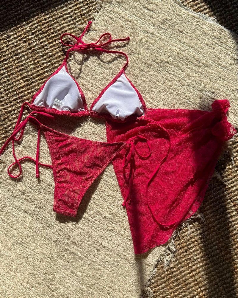 Lace Composite Fabric Mesh Bikini Set with Cover-Up Skirt