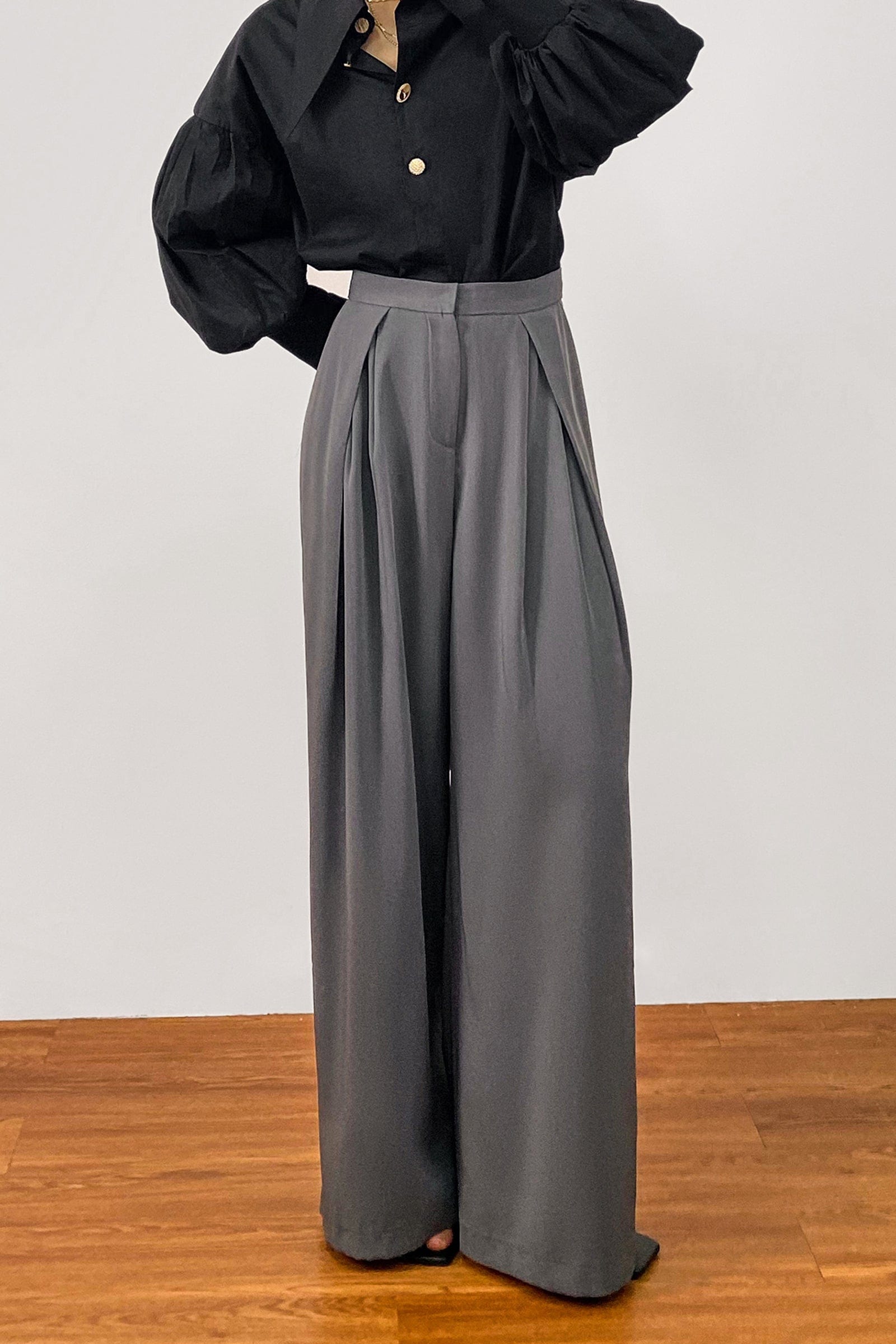 Dark Grey Pleated Wide Leg Work Pants