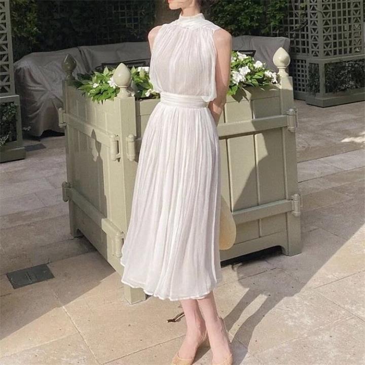 White Sleeveless Pleat Detail Spaghetti Strap Midi Dress