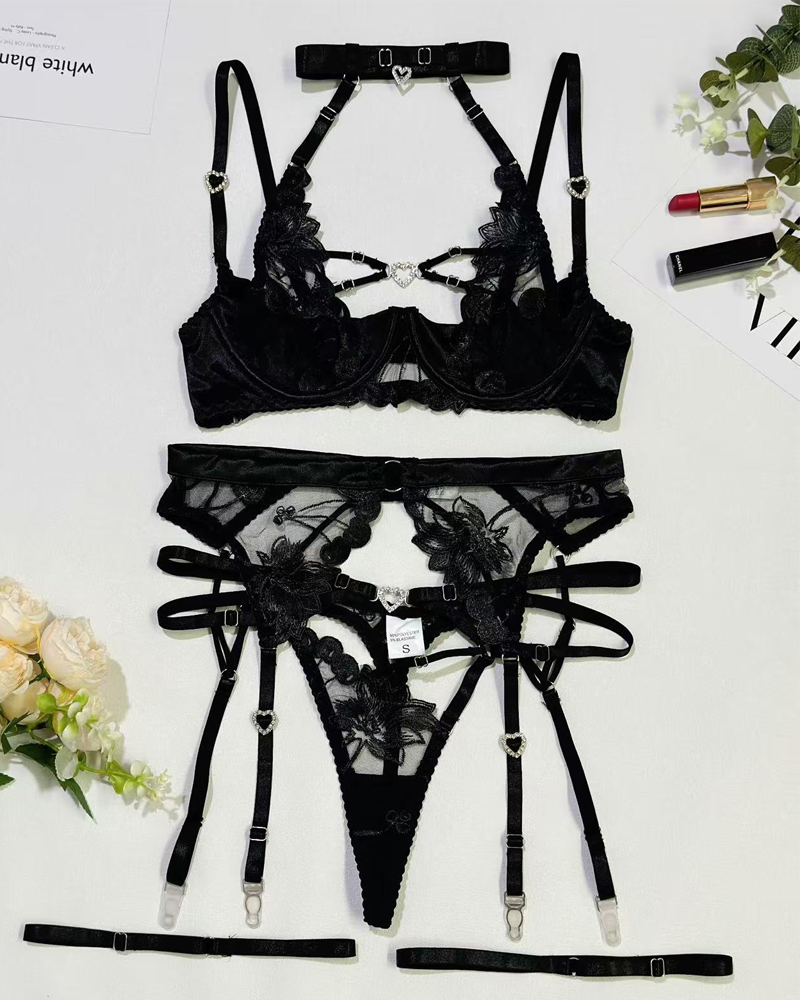 Embroidered Cutout Rhinestone Heart Halter Lingerie Set