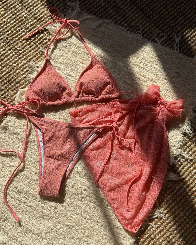 Lace Composite Fabric Mesh Bikini Set with Cover-Up Skirt
