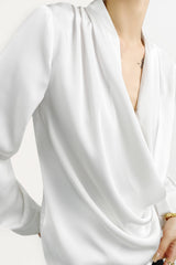 White Ruched Long Sleeve Surplice Blouse