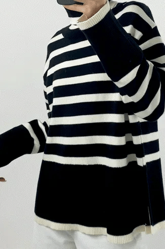 White Roll Neck Striped Ribbed Pullover Sweater