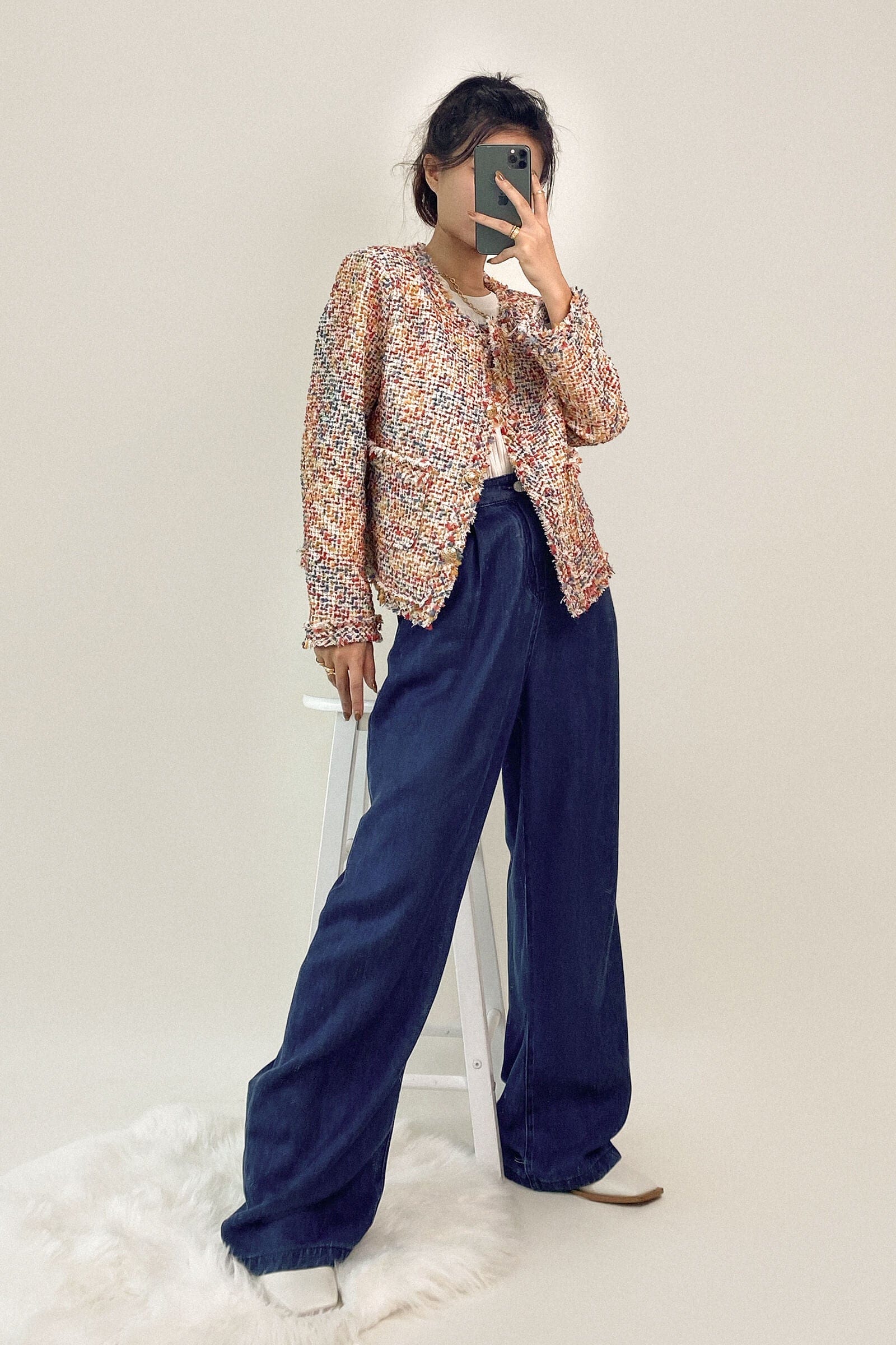 Multicolor Frayed Trim Button-Up Tweed Jacket