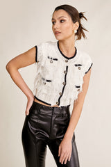 Ivory Frayed Button-Up Contrast Trim Cropped Knit Top
