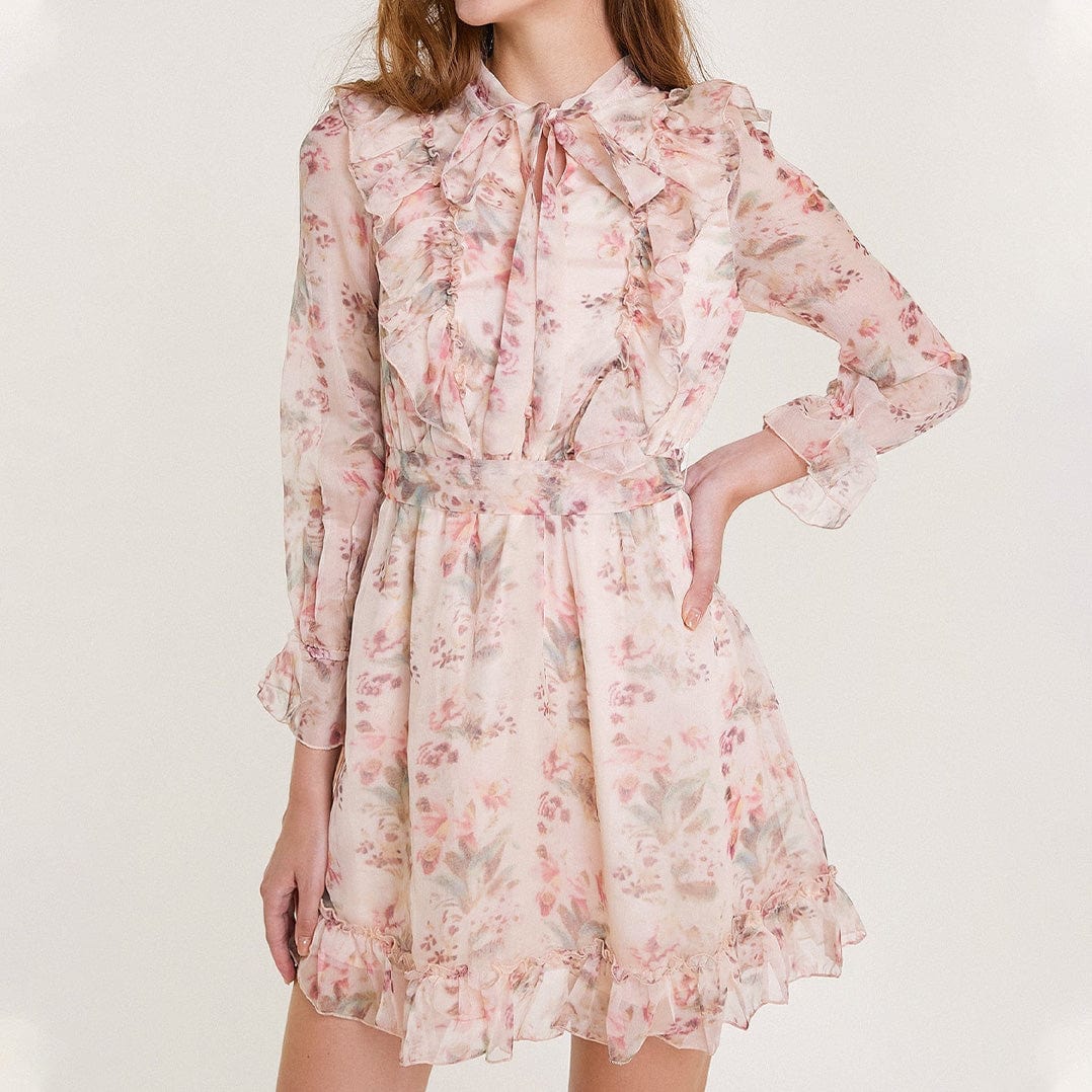 Pink Floral Print Long Sleeve Ruffled Tie Neck Chiffon Mini Dress