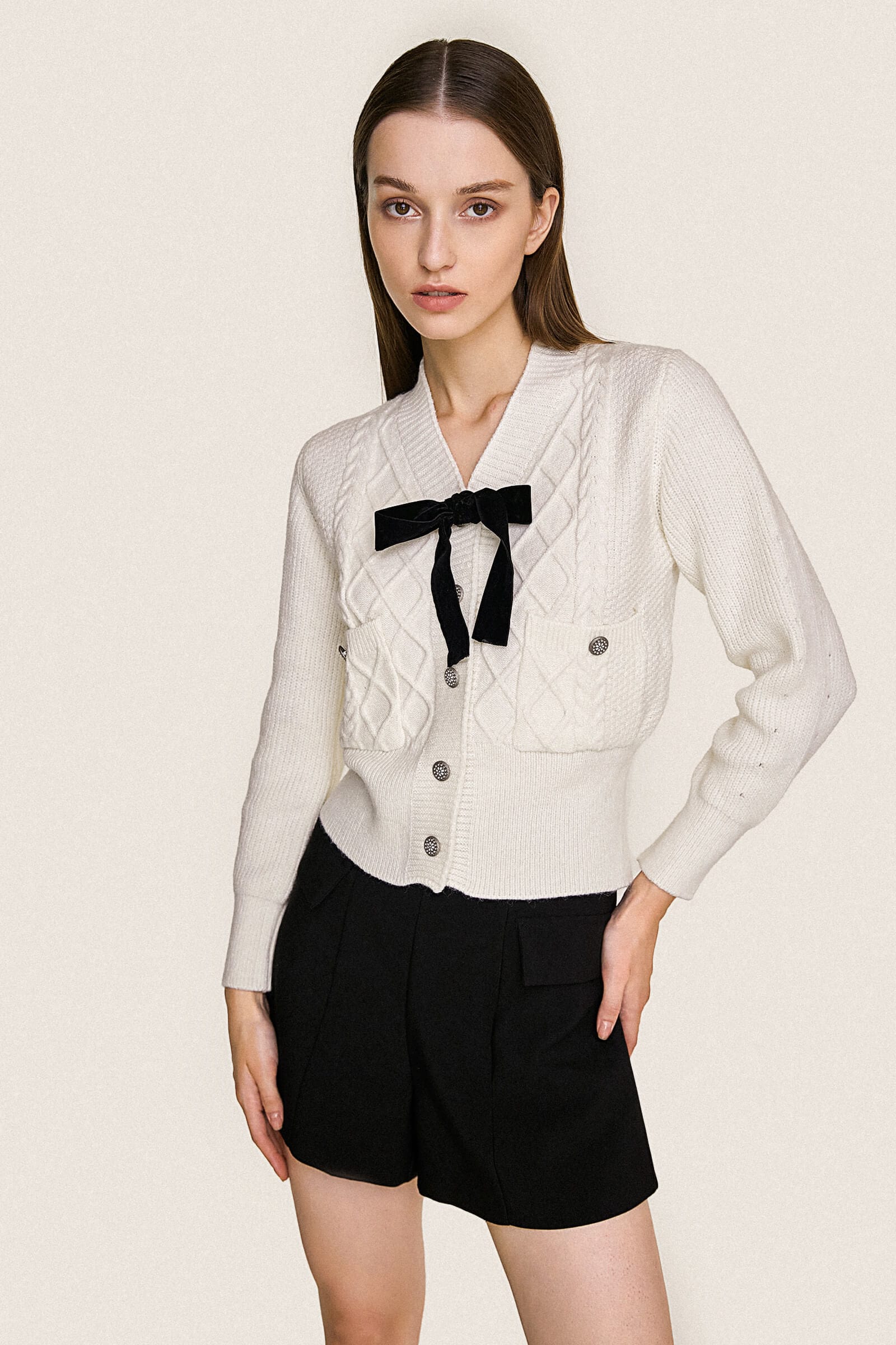 White Bow Detail Button-Up Cardigan