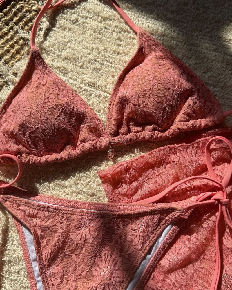 Lace Composite Fabric Mesh Bikini Set with Cover-Up Skirt
