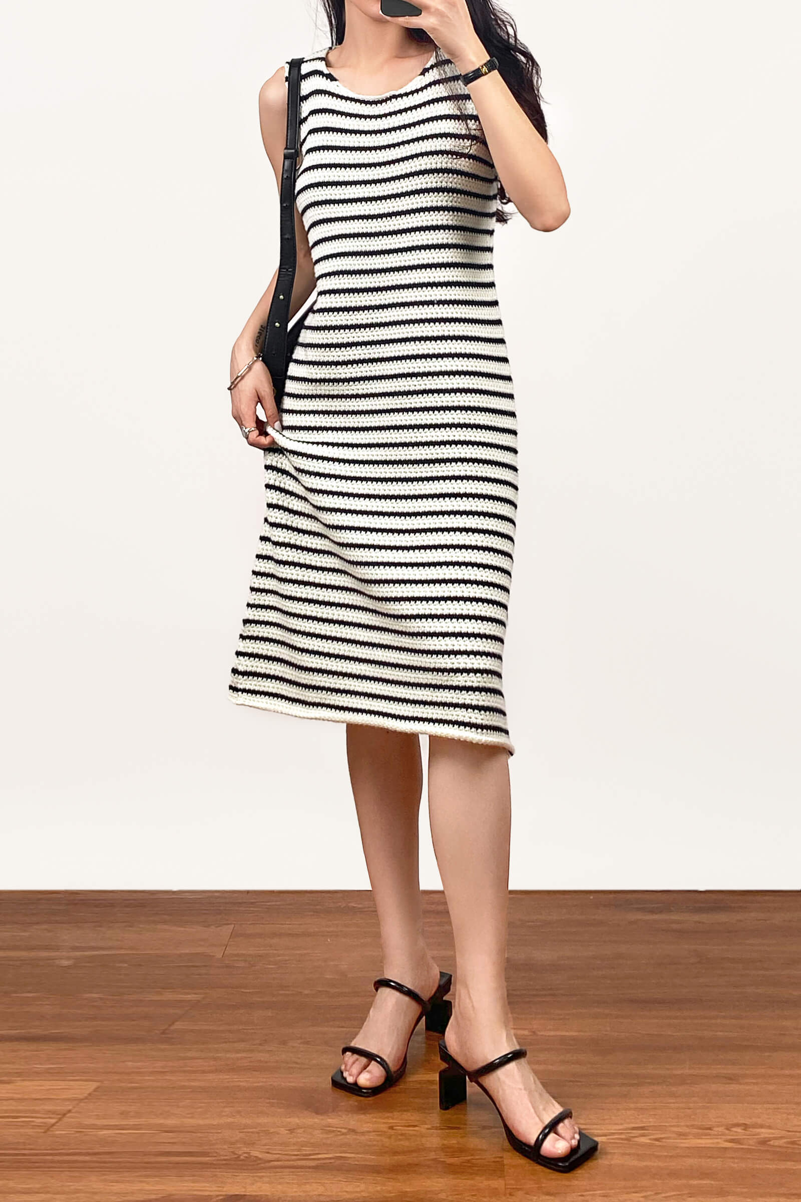 Ivory Striped Sleeveless Knit Midi Dress